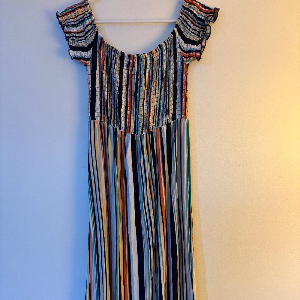 Women's Guilty size Large Rayon maxi‎ dress stripes  rainbow tropical colourful